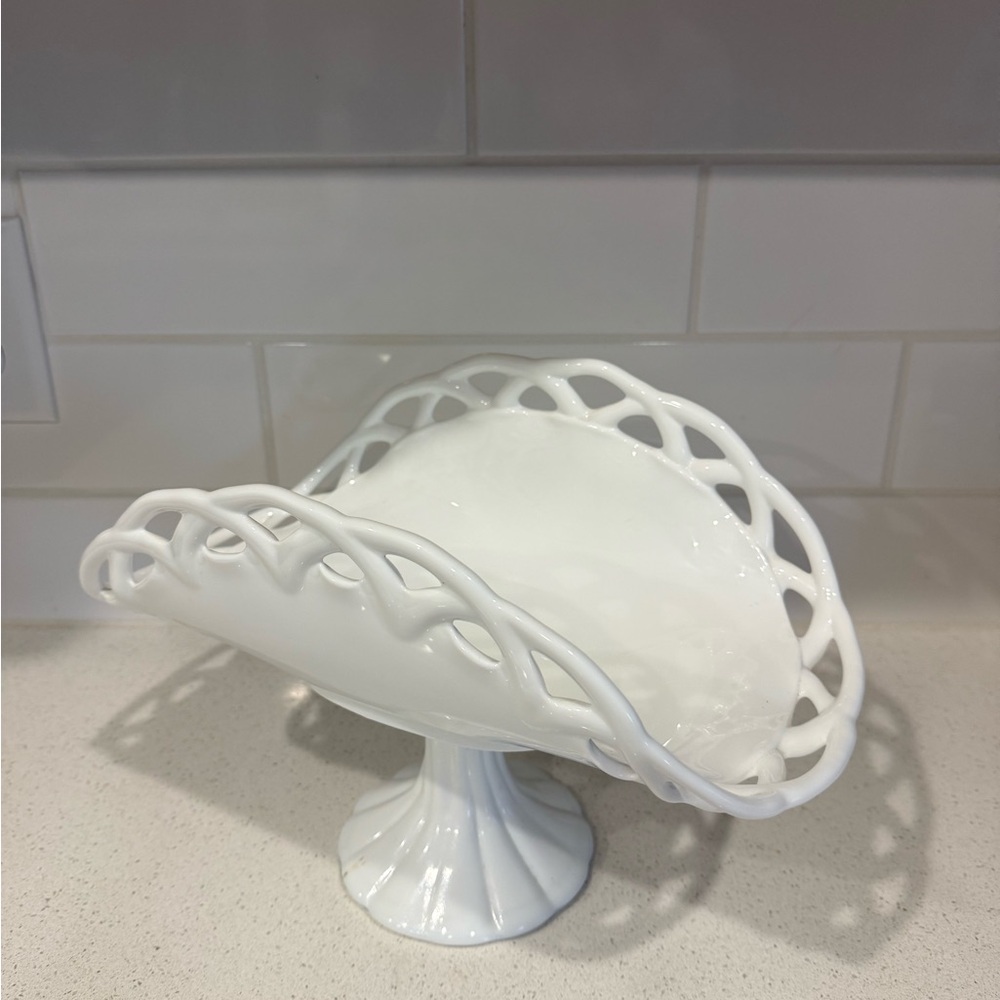 Milk Glass Fruit Bowl Pedestal Bowl with Lattice Rim